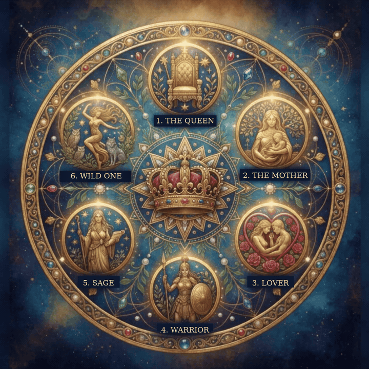 The Six Archetypes: The Queen, The Mother, Lover, Warrior, Sage, and Wild One Mandala