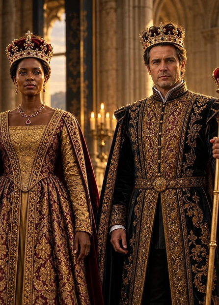 The Queen and The King standing in royal velvet and gold garments holding scepters