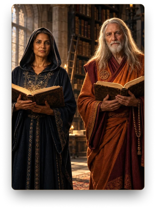 The Sage archetype holding an open manuscript in a library