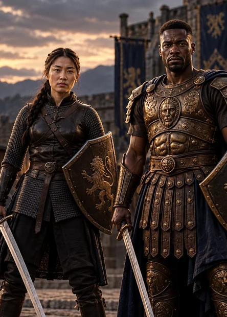 The Warrior archetype standing in armor with shield and sword