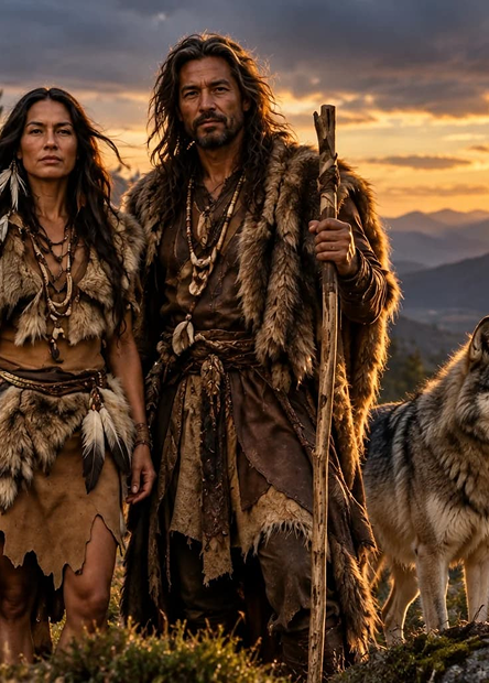 The Wild One archetype in fur garments with a wolf in nature